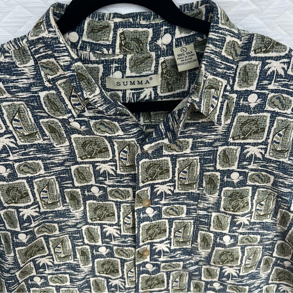 Summa Short Sleeve Men’s L Shirt Navy Green Island Print Silk - Picture 1 of 4